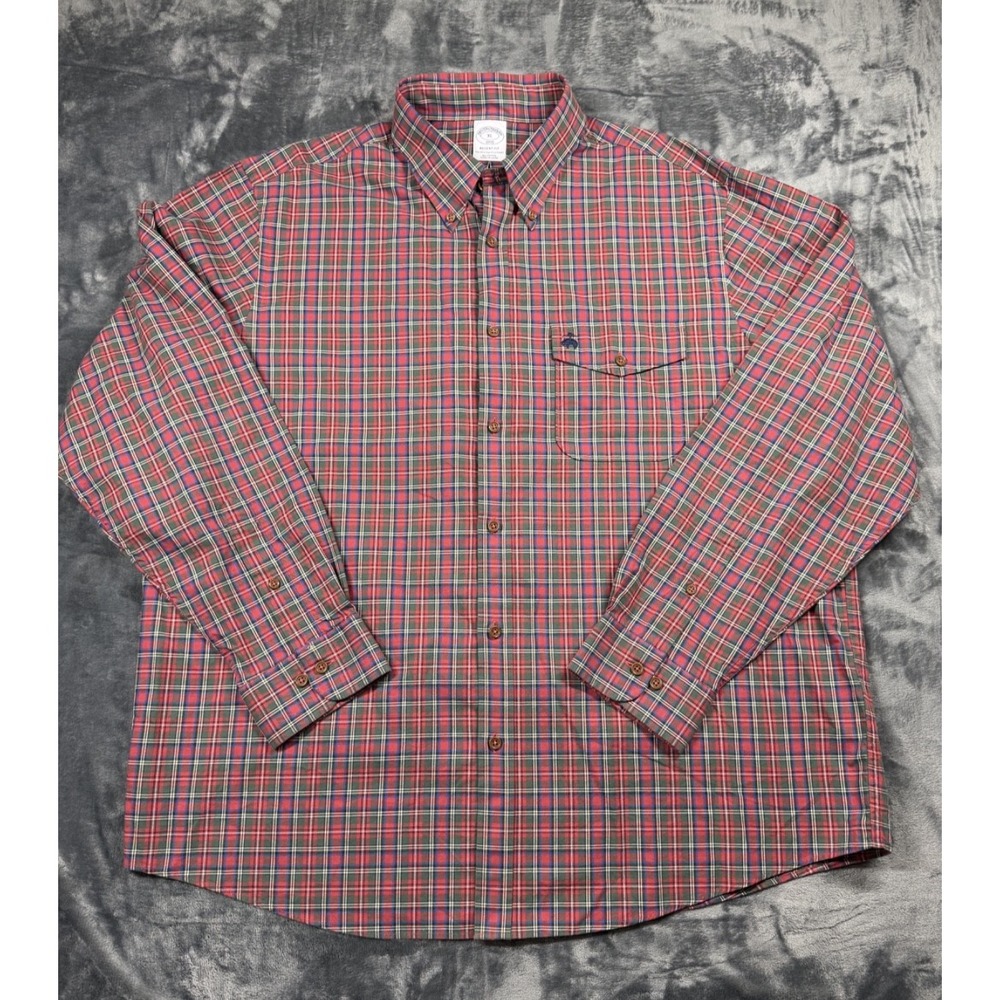 Brooks Brothers 1818 Regent Fit Shirt Mens XL Red Green Plaid Tartan 100% Cotton